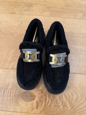 TOD'S Black Shearling Suede Loafers with Gold Chain Detail